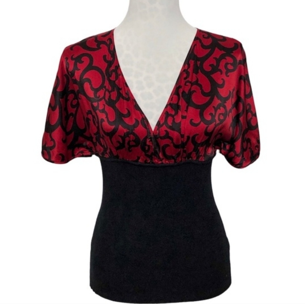 Bebe Red and Black Patterned Blouse